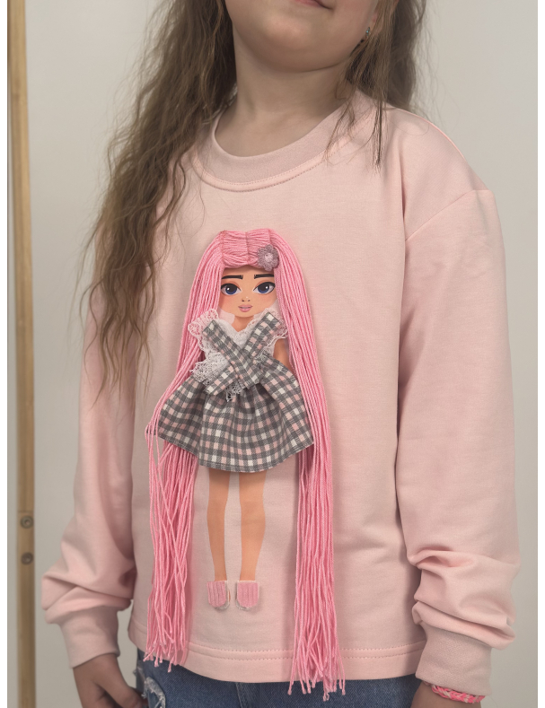 Pink sweatshirt with interchangeable clothes and hair on Velcro