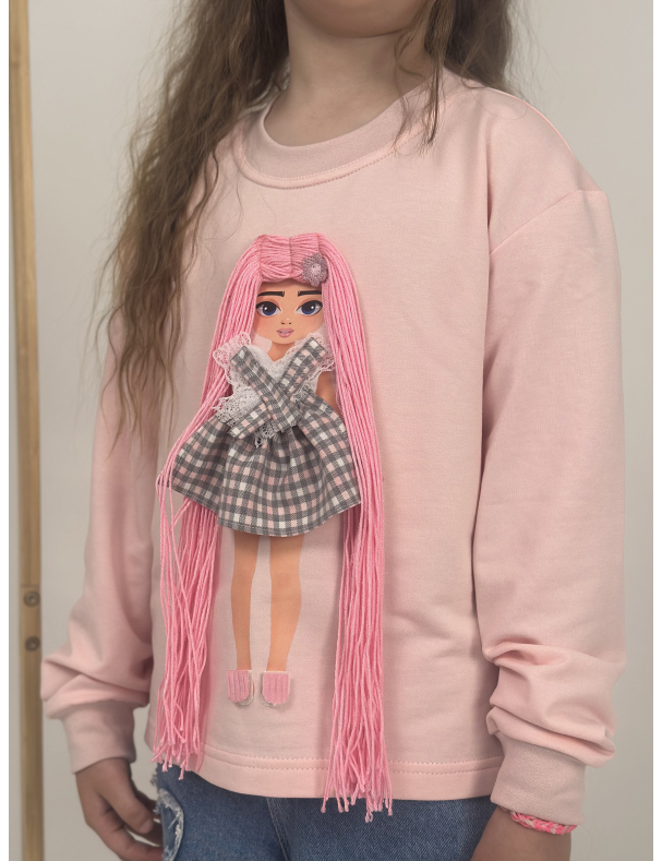 Pink sweatshirt with interchangeable clothes and hair on Velcro
